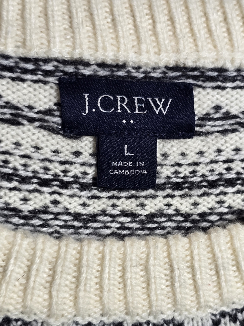 J. Crew Factory Lambswool Blend Cream & Black Fair Isle Crewneck Sweater, Sz L - Picture 3 of 6